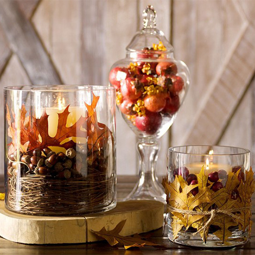 clear glass cylinders and footed jars that you’ll fill with dried leaves, branches, dried vines, pomegranates, and anything else that’s colorful