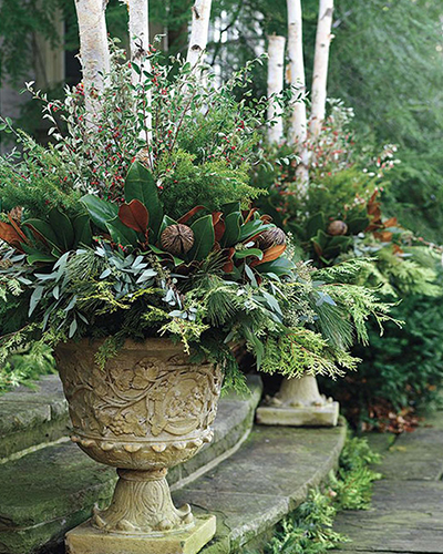 footed urns is filled to the max with several types of conifer branches, seeded eucalyptus, magnolia leaves, seed pods and topped with bits of berried branches.